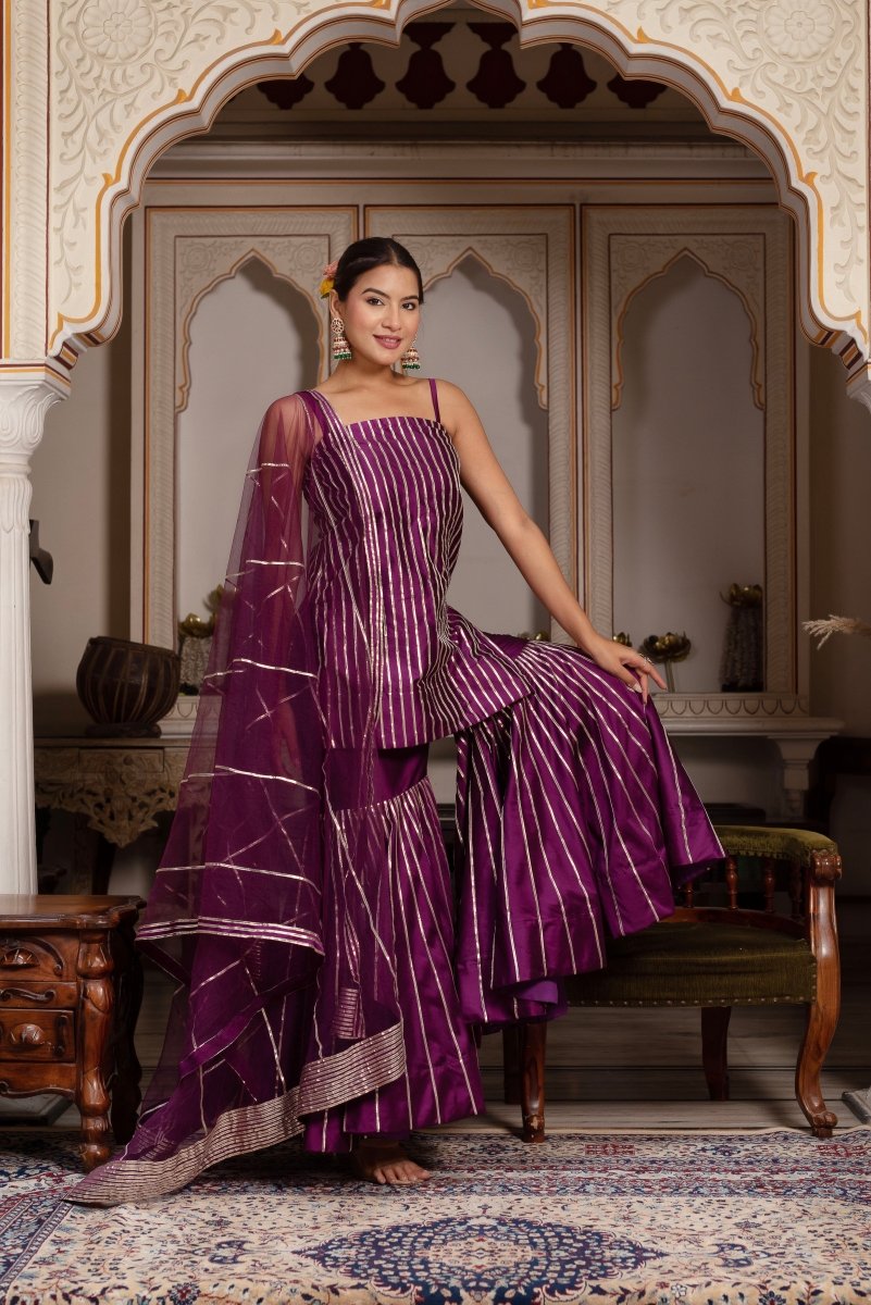 GULABI GALIYAN SEERAT PLUM TAFFETA SILK GOTA PATTI SHARARA SET WITH SOFT NET DUPATTA - Pomcha Jaipur
