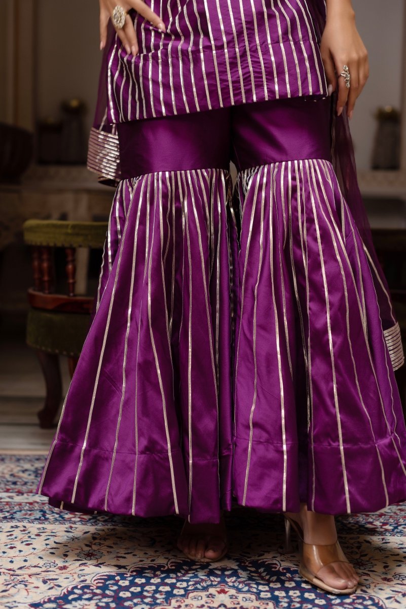 GULABI GALIYAN SEERAT PLUM TAFFETA SILK GOTA PATTI SHARARA SET WITH SOFT NET DUPATTA - Pomcha Jaipur