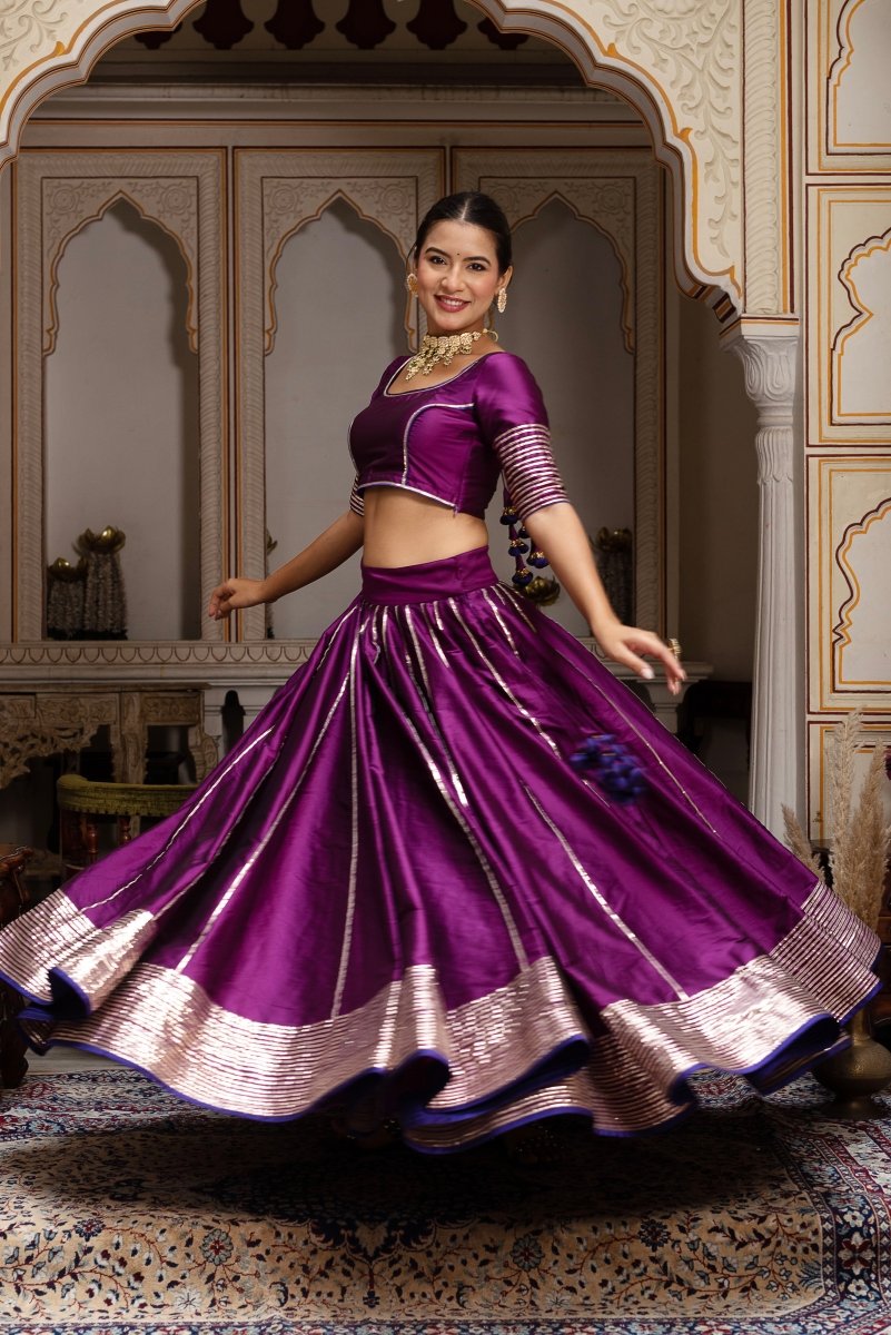 GULABI GALYIAN SEERAT PLUM TAFFETA SILK GOTA PATTI LEHENGA SET WITH SOFT NET DUPATTA - Pomcha Jaipur