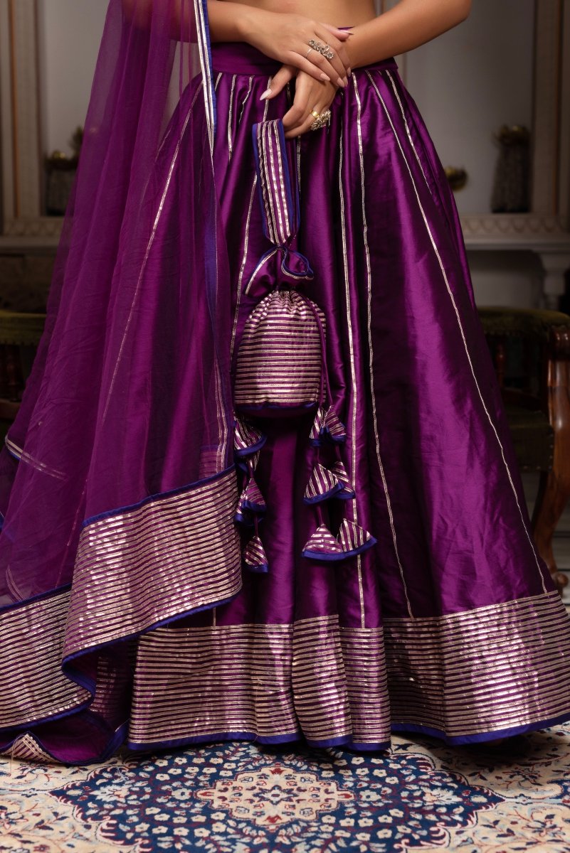 GULABI GALYIAN SEERAT PLUM TAFFETA SILK GOTA PATTI LEHENGA SET WITH SOFT NET DUPATTA - Pomcha Jaipur