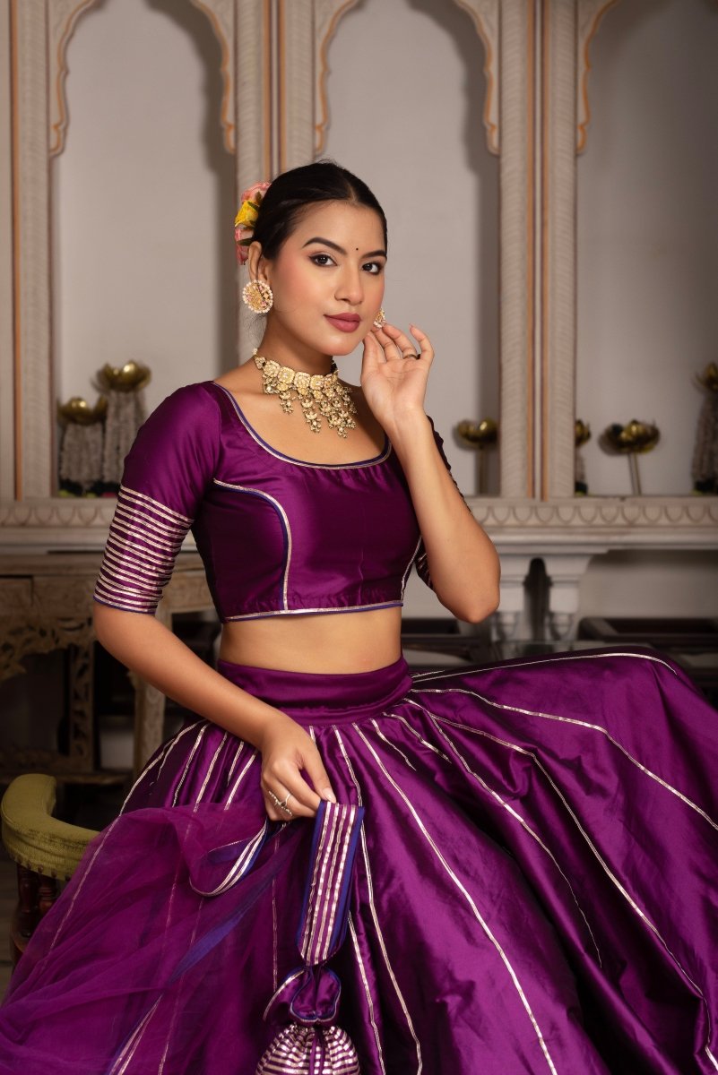 GULABI GALYIAN SEERAT PLUM TAFFETA SILK GOTA PATTI LEHENGA SET WITH SOFT NET DUPATTA - Pomcha Jaipur