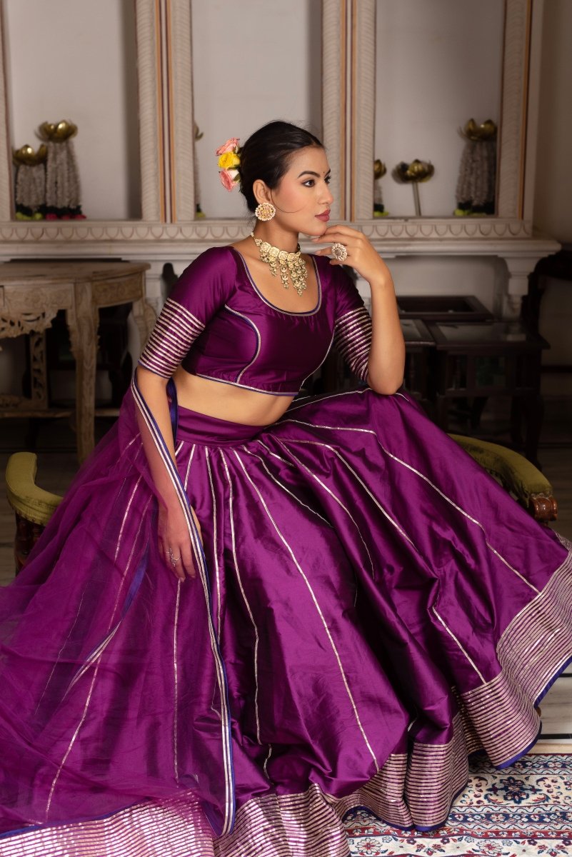 GULABI GALYIAN SEERAT PLUM TAFFETA SILK GOTA PATTI LEHENGA SET WITH SOFT NET DUPATTA - Pomcha Jaipur