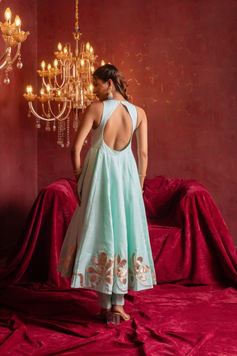 GULFIZAN AQUA BLUE ORGANZA GOTTA PATI ANARKALI SUIT SETS WITH ORGANZA DUPATTA - Pomcha Jaipur