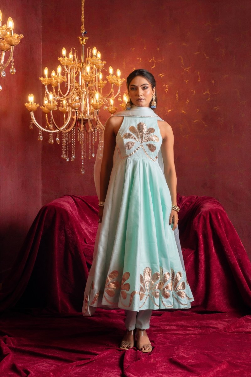 GULFIZAN AQUA BLUE ORGANZA GOTTA PATI ANARKALI SUIT SETS WITH ORGANZA DUPATTA - Pomcha Jaipur
