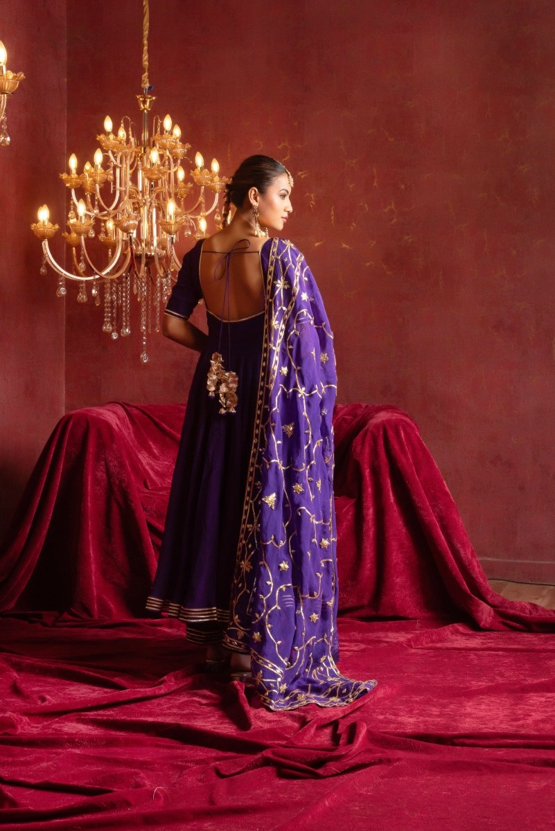GULFIZAN BAINGANI RADIANT ORGANZA ANARKALI SETS WITH HEAVY GOTA WORK DUPATTA - Pomcha Jaipur
