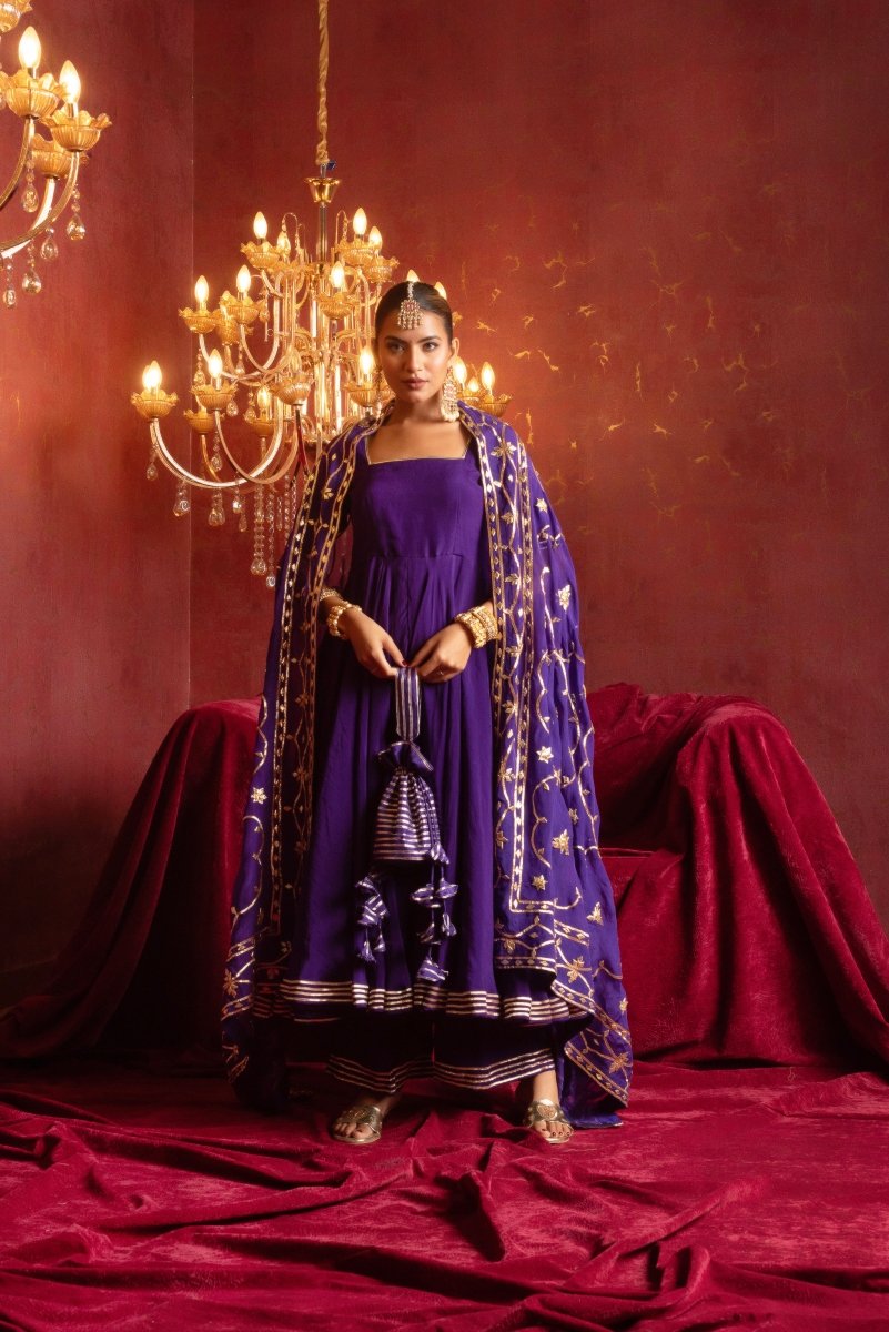 GULFIZAN BAINGANI RADIANT ORGANZA ANARKALI SETS WITH HEAVY GOTA WORK DUPATTA - Pomcha Jaipur