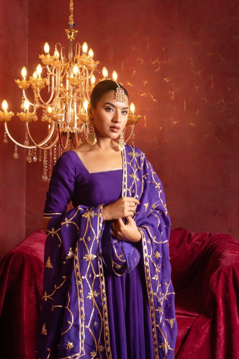 GULFIZAN BAINGANI RADIANT ORGANZA ANARKALI SETS WITH HEAVY GOTA WORK DUPATTA - Pomcha Jaipur
