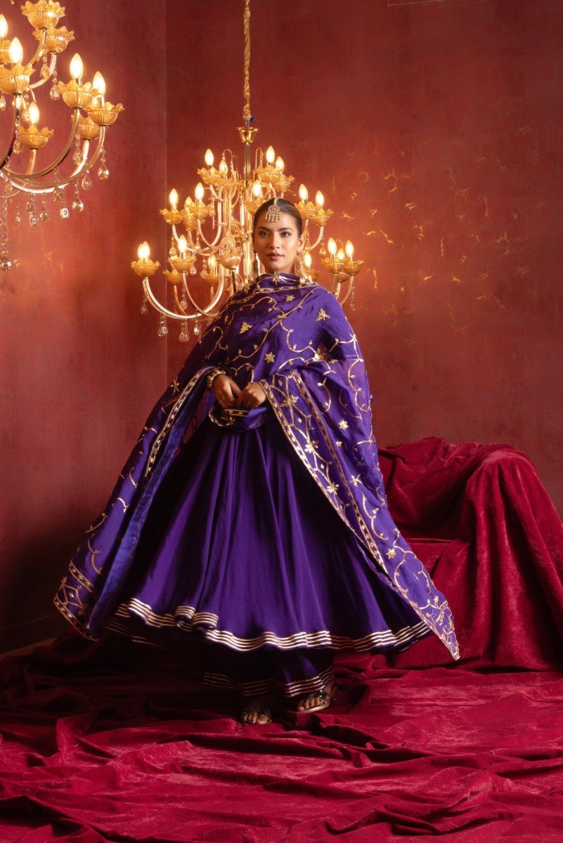GULFIZAN BAINGANI RADIANT ORGANZA ANARKALI SETS WITH HEAVY GOTA WORK DUPATTA - Pomcha Jaipur