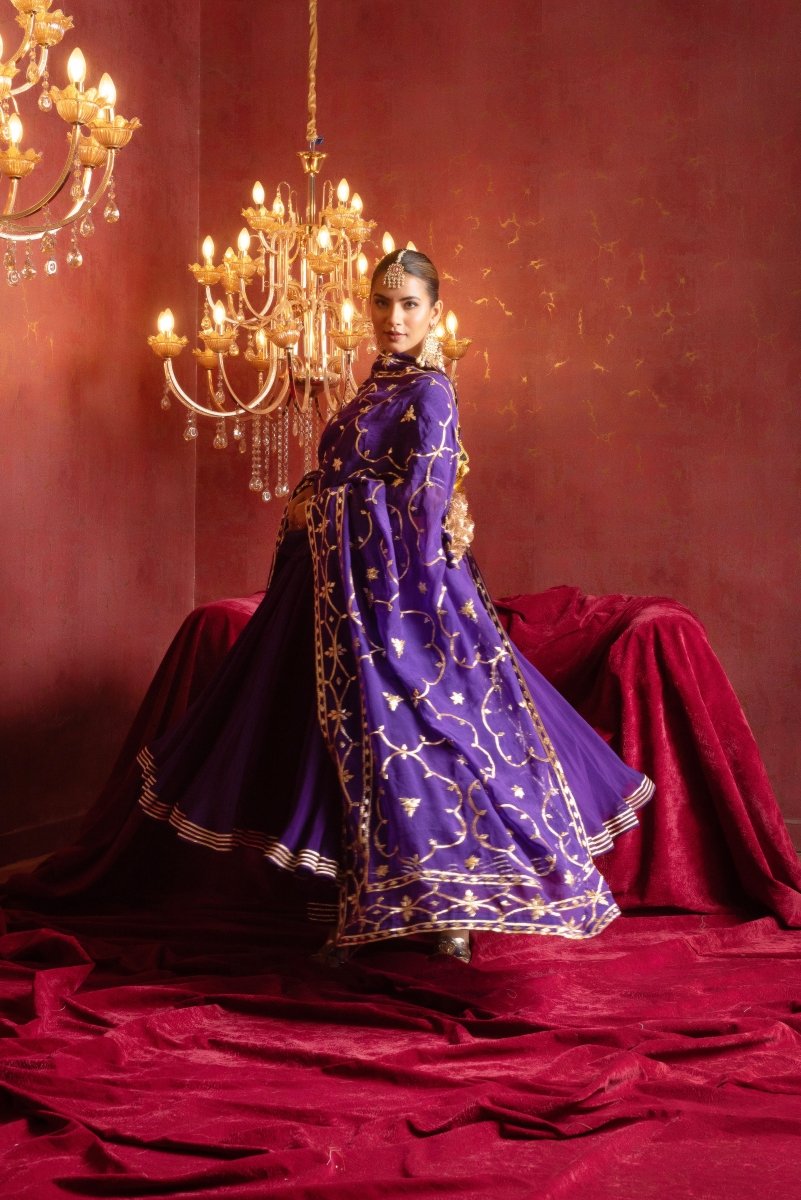 GULFIZAN BAINGANI RADIANT ORGANZA ANARKALI SETS WITH HEAVY GOTA WORK DUPATTA - Pomcha Jaipur