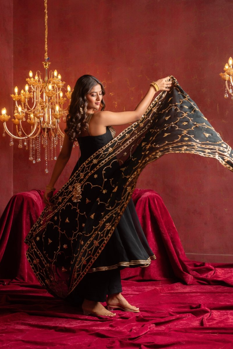 GULFIZAN BLACK BUSTIER NAKHRA ORGANZA ANARKALI SUIT SET WITH HEAVY GOTA PATIWORK DUPATTA - Pomcha Jaipur