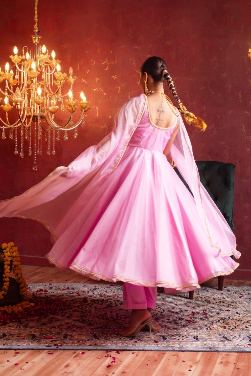 GULFIZAN BLUSH PINK ORGANZA ANARKALI SUIT SET WITH ORGANZA DUPATTA - Pomcha Jaipur