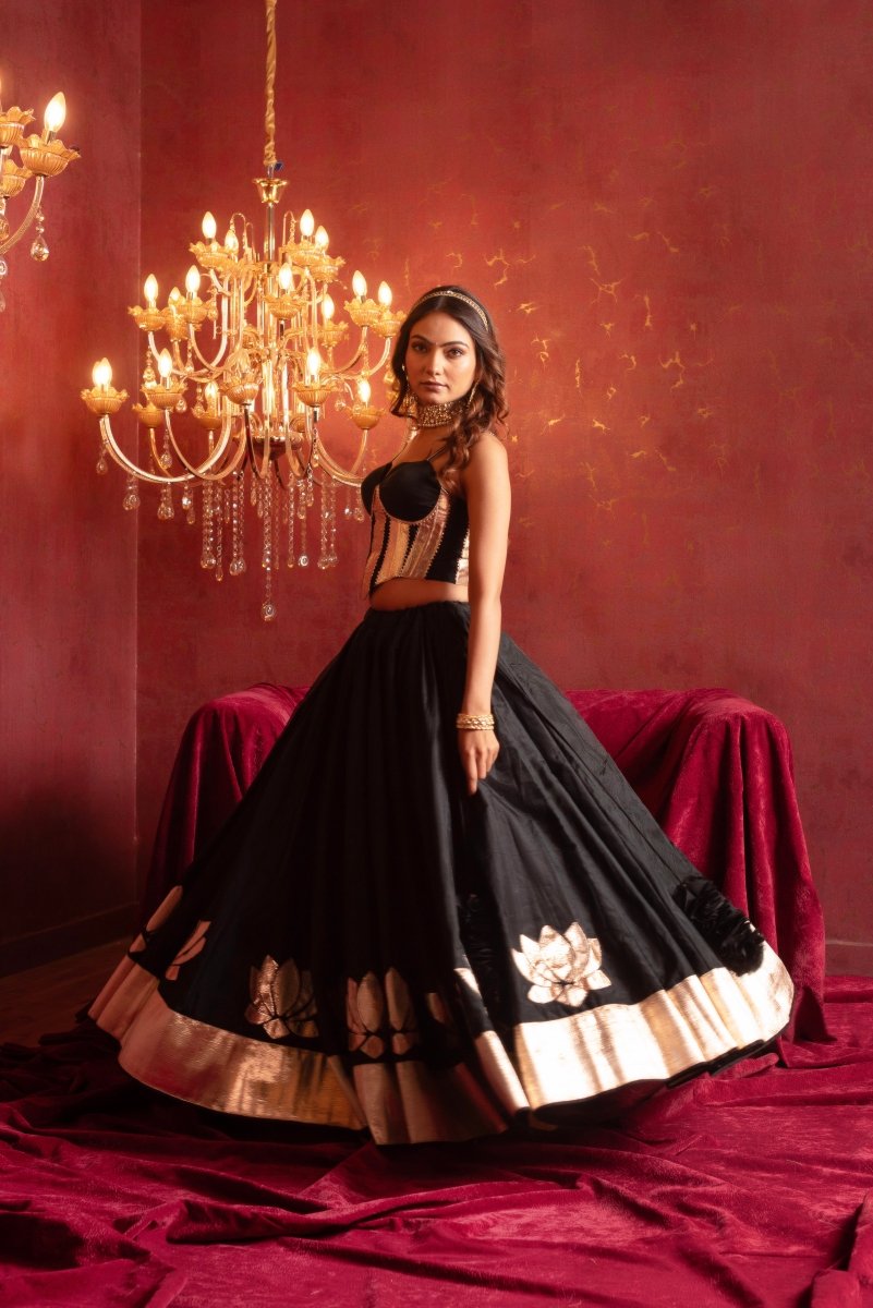 GULFIZAN BOLD BLACK ORGANZA LEHENGA WITH CORSET BLOUSE AND ORGANZA DUPATTA - Pomcha Jaipur