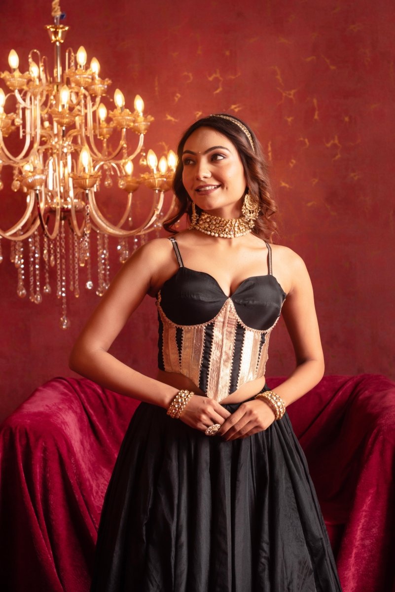 GULFIZAN BOLD BLACK ORGANZA LEHENGA WITH CORSET BLOUSE AND ORGANZA DUPATTA - Pomcha Jaipur