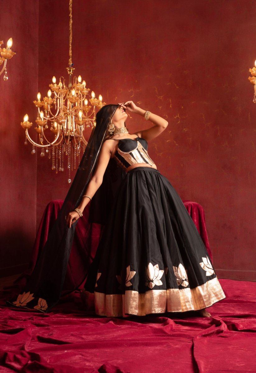 GULFIZAN BOLD BLACK ORGANZA LEHENGA WITH CORSET BLOUSE AND ORGANZA DUPATTA - Pomcha Jaipur