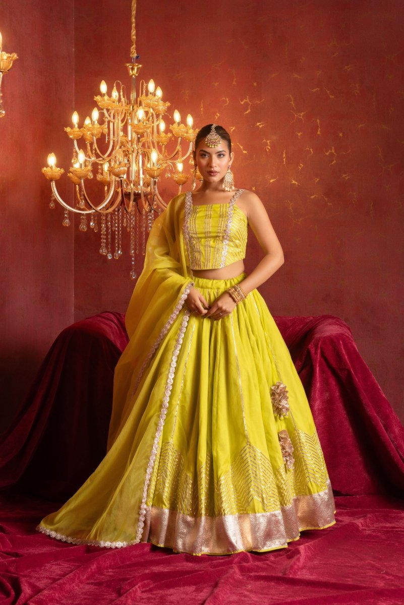 GULFIZAN CHAMKEELA LIME GOTA PATTI ORGANZA LEHENGA SET WITH ORGANZA DUPATTA - Pomcha Jaipur