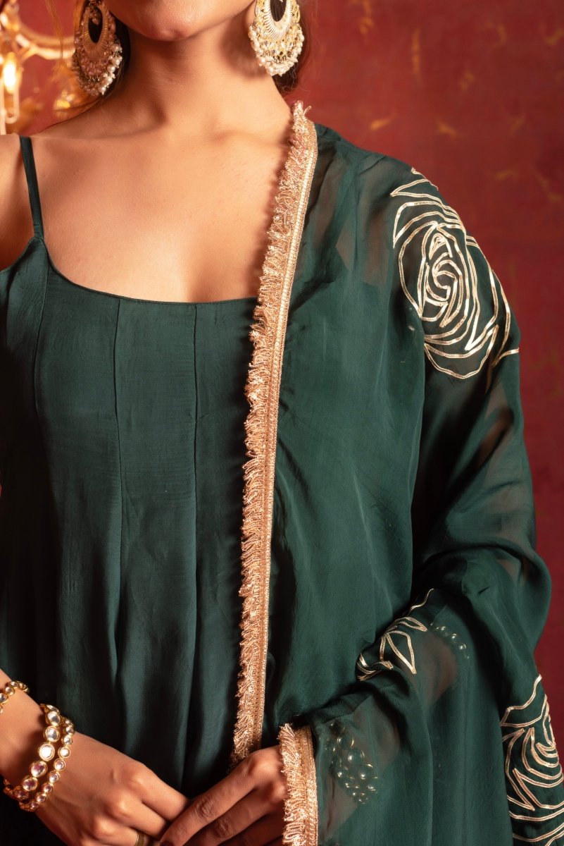 GULFIZAN GOLD ROSE EMERALD GOTA PATTI ANARKALI SET WITH ORGANZA DUPATTA - Pomcha Jaipur