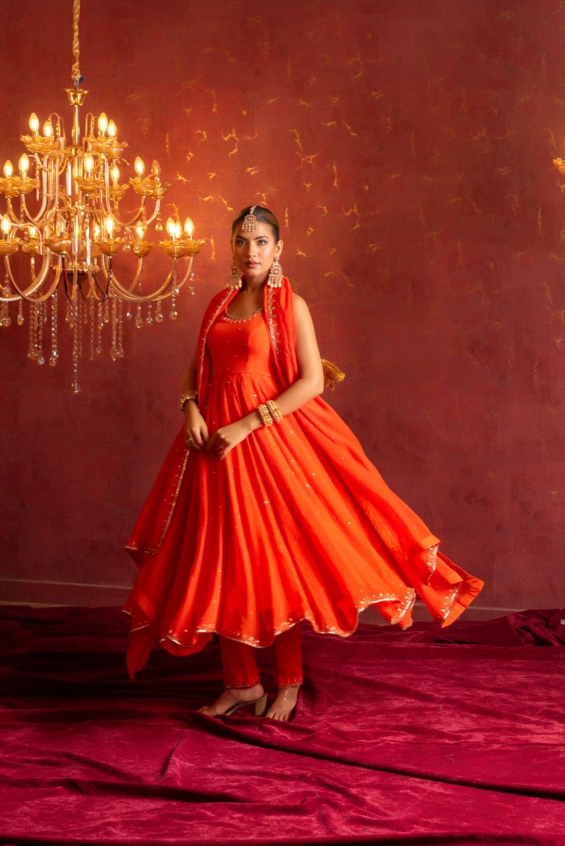 GULFIZAN KESARIYA ORANGE ORGANZA TAARI SEQUIN HANDWORK ANARKALI SUIT SET WITH ORGANZA HAND-WORK DUPATTA - Pomcha Jaipur