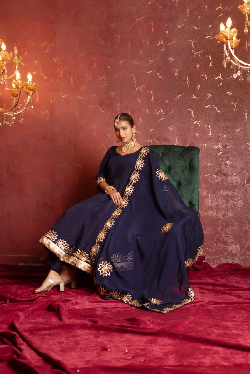 GULFIZAN ORGANZA ROYAL BLUE GOTA PHOOL HANDWORK ANARKALI SET WITH ORGANZA DUPATTA - Pomcha Jaipur