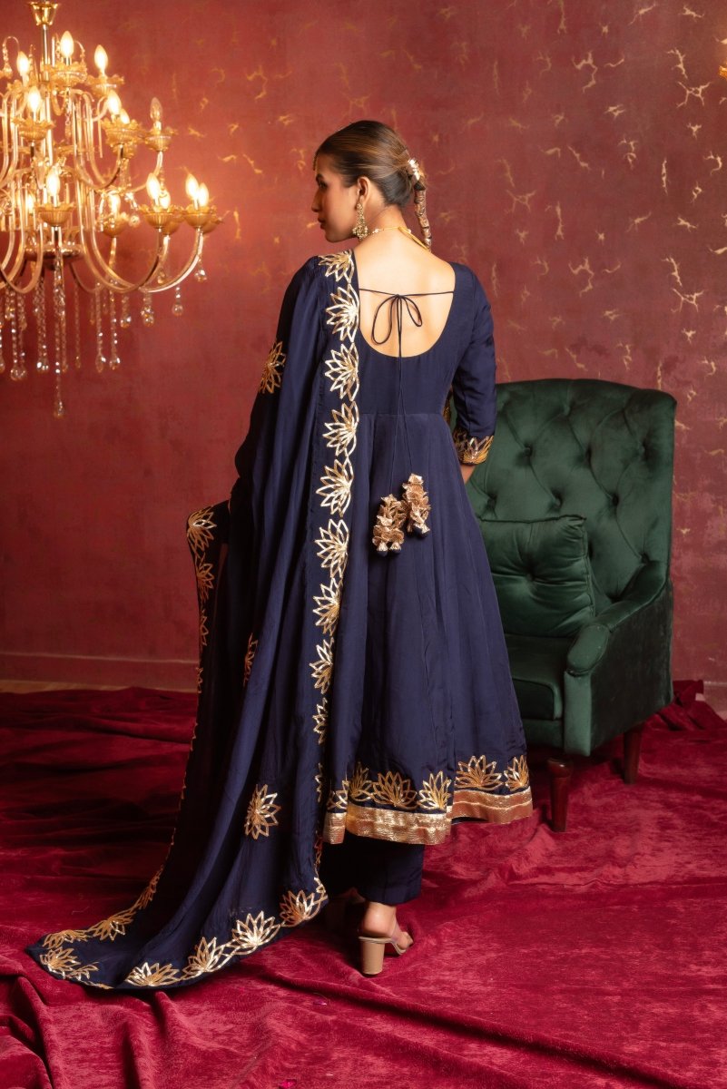 GULFIZAN ORGANZA ROYAL BLUE GOTA PHOOL HANDWORK ANARKALI SET WITH ORGANZA DUPATTA - Pomcha Jaipur