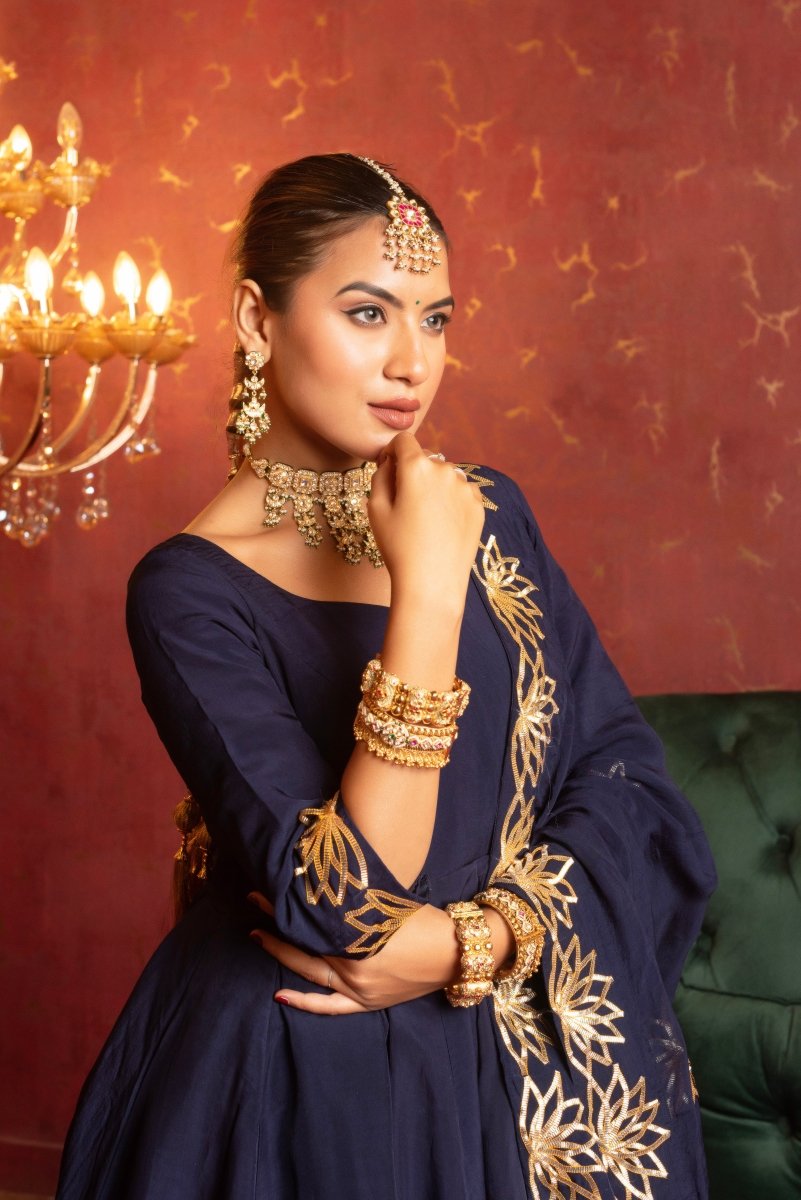 GULFIZAN ORGANZA ROYAL BLUE GOTA PHOOL HANDWORK ANARKALI SET WITH ORGANZA DUPATTA - Pomcha Jaipur