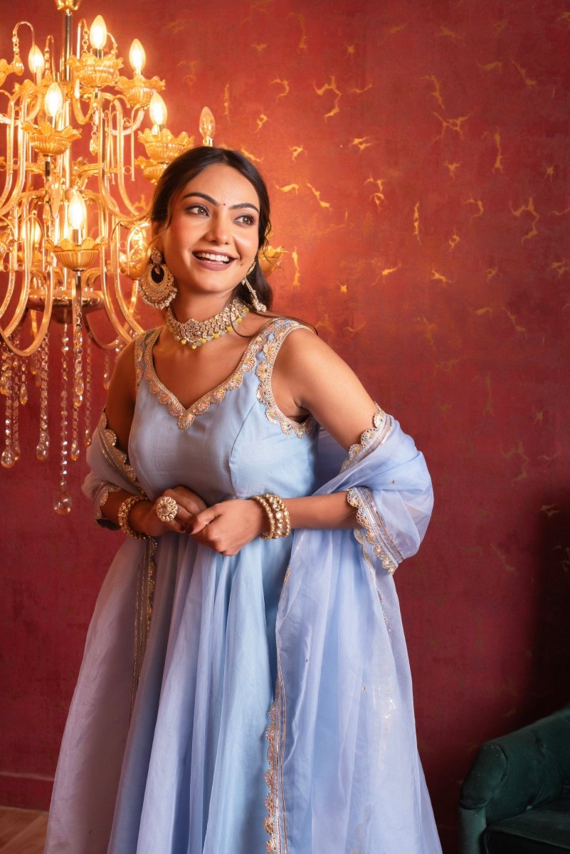 GULFIZAN POWDER BLUE ORGANZA GOTA LACE ANARKALI SUIT SET WITH ORGANZA DUPATTA - Pomcha Jaipur