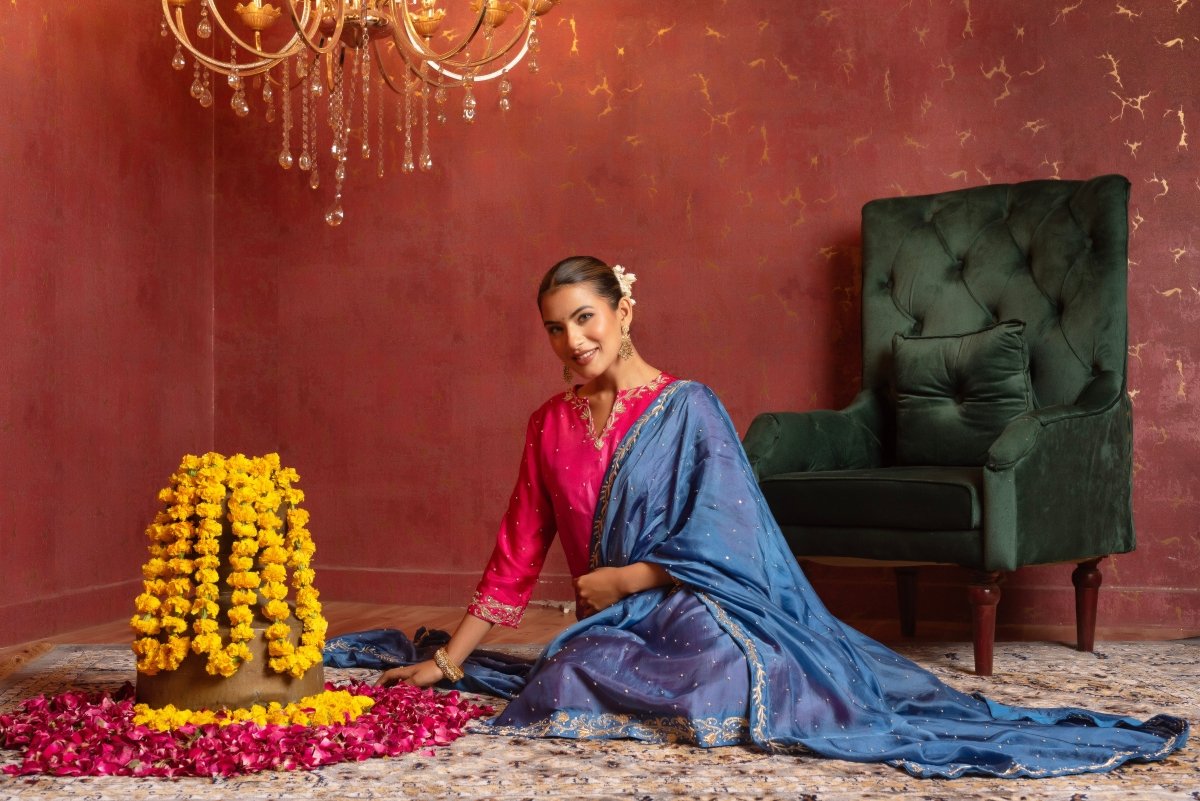 GULFIZAN SILK TWO TONE ZARDOZI AND AARI TARI HAND WORK STRAIGHT SUIT SET WITH SILK DUPATTA - Pomcha Jaipur