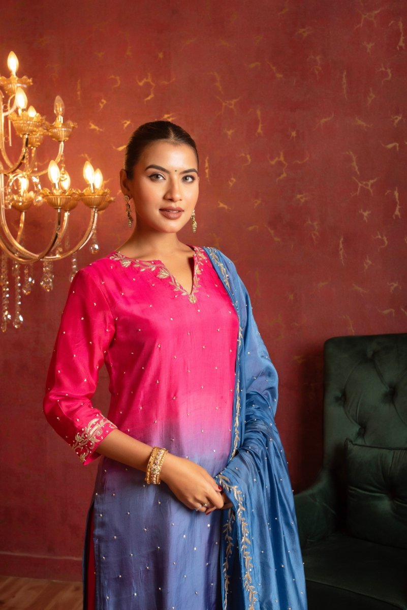 GULFIZAN SILK TWO TONE ZARDOZI AND AARI TARI HAND WORK STRAIGHT SUIT SET WITH SILK DUPATTA - Pomcha Jaipur