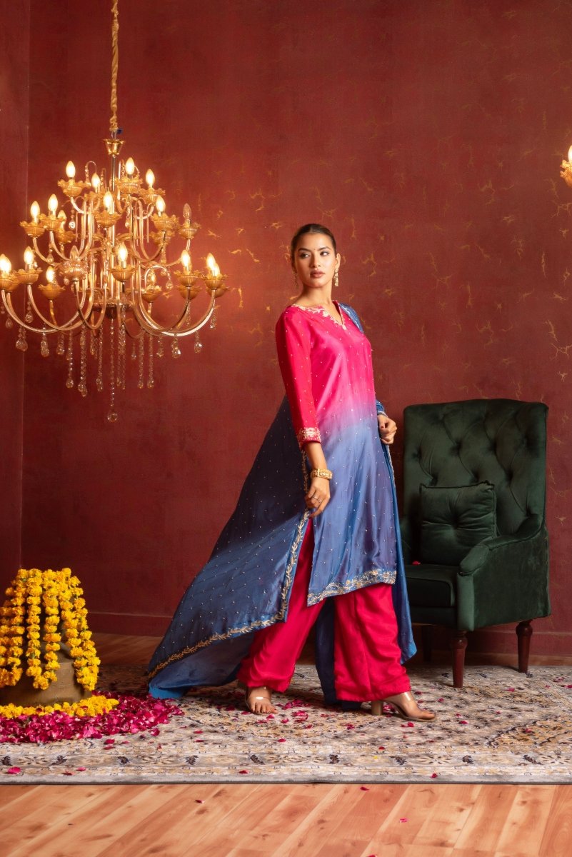 GULFIZAN SILK TWO TONE ZARDOZI AND AARI TARI HAND WORK STRAIGHT SUIT SET WITH SILK DUPATTA - Pomcha Jaipur