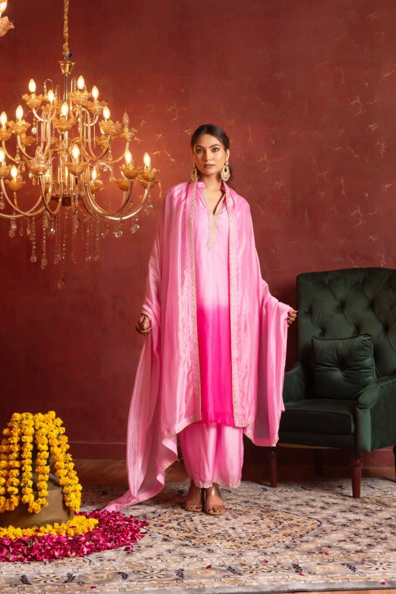 GULFIZAN SILK TWO TONE ZARDOZI HAND WORK PINK STRAIGHT SUIT SET WITH SILK DUPATTA - Pomcha Jaipur