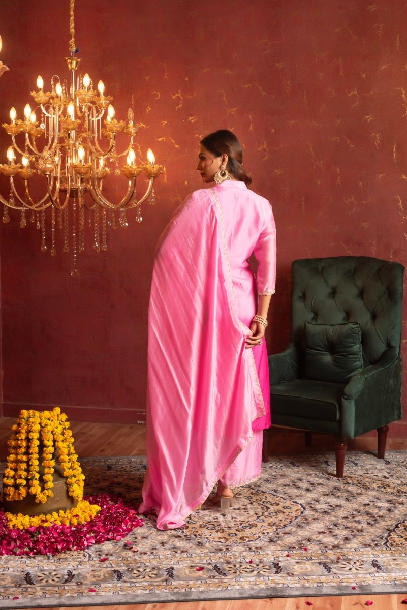 GULFIZAN SILK TWO TONE ZARDOZI HAND WORK PINK STRAIGHT SUIT SET WITH SILK DUPATTA - Pomcha Jaipur