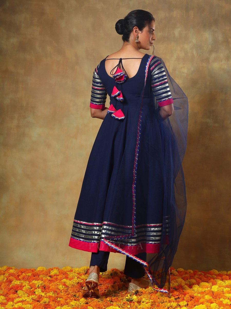 GUZARISH NAVY BLUE COTTON ANARKALI SET - Pomcha Jaipur