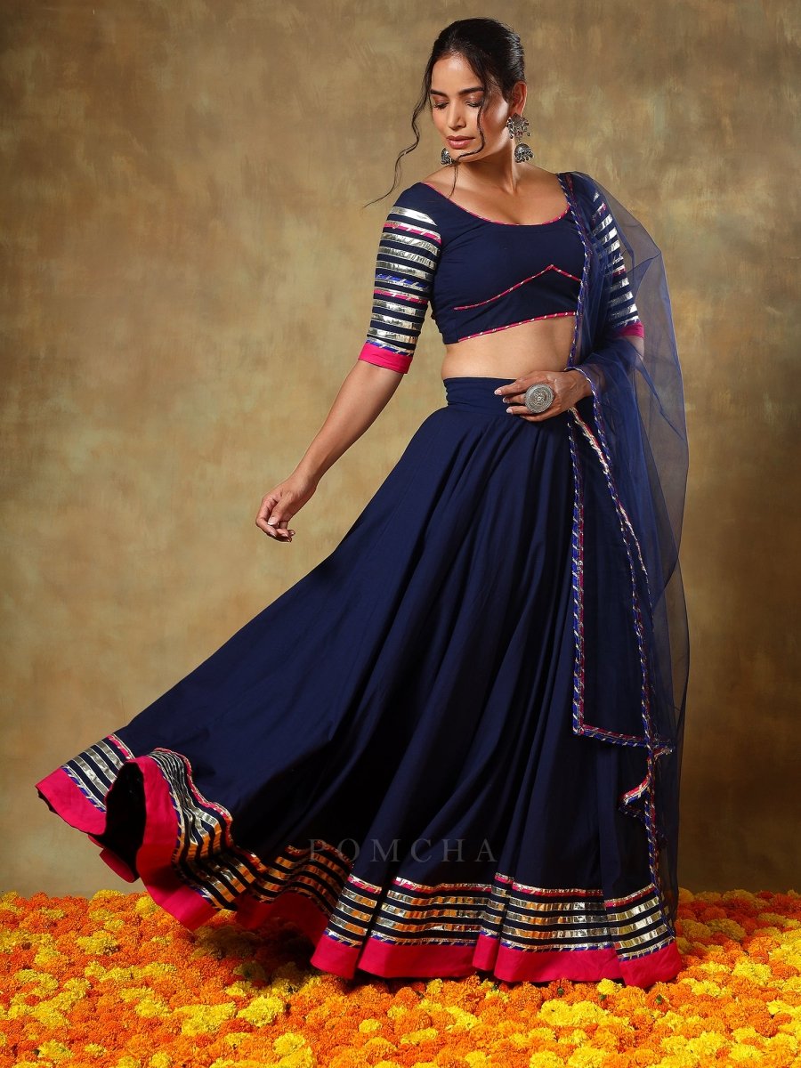 GUZARISH NAVY BLUE COTTON LEHENGA WITH LACE WORK AND SOFT NET DUPATTA SET - Pomcha Jaipur