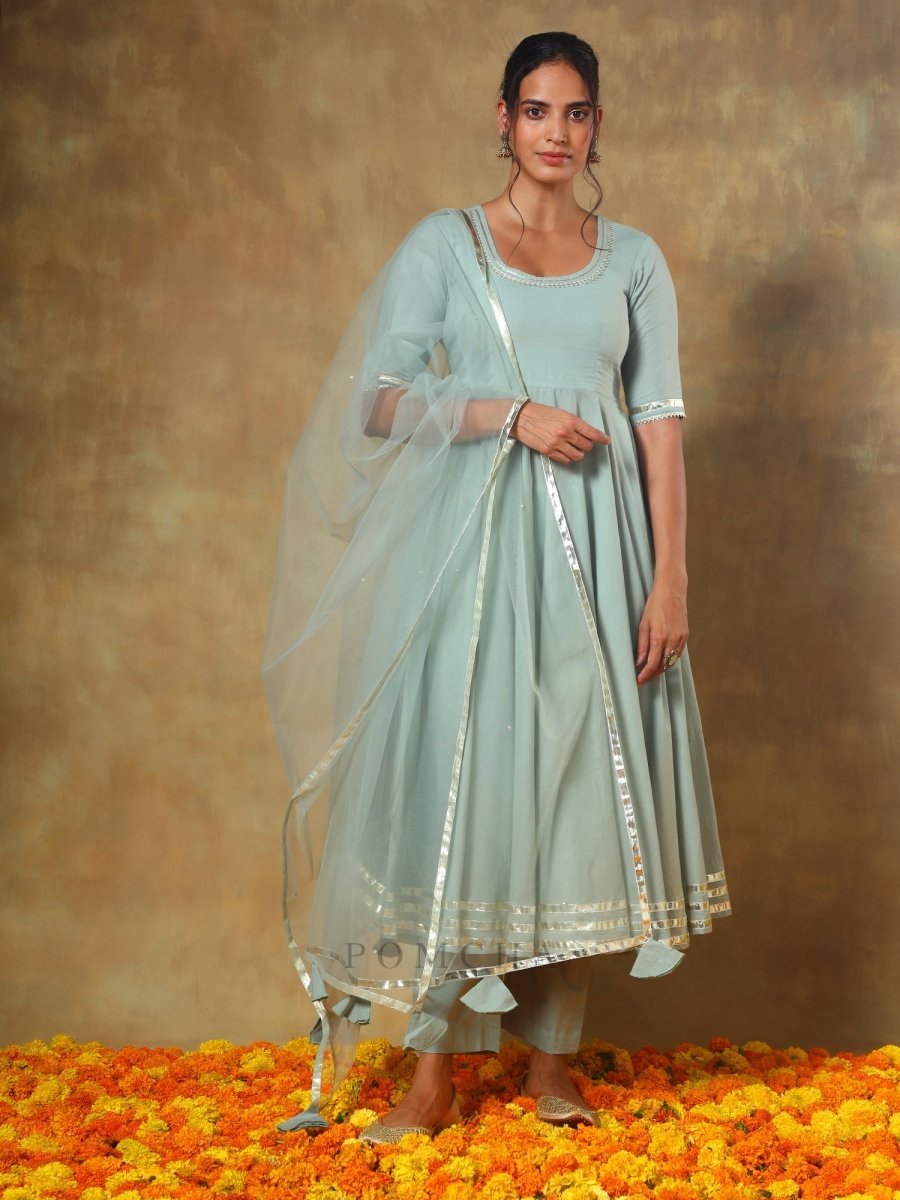 GUZARISH PASTEL COTTON ANARKALI SET WITH SOFT NET DUPATTA - Pomcha Jaipur