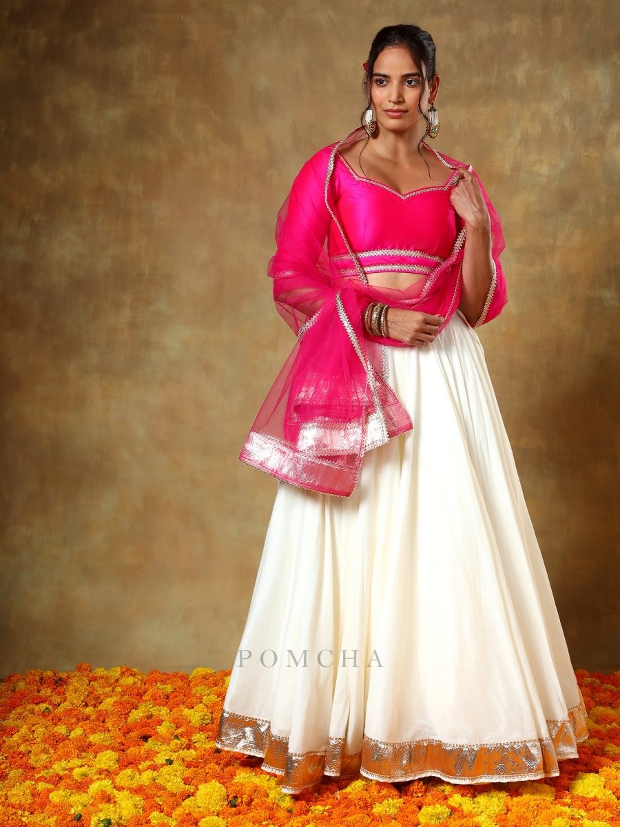 GUZARISH RANI OFF WHITE COTTON SILK LEHENGA SET - Pomcha Jaipur