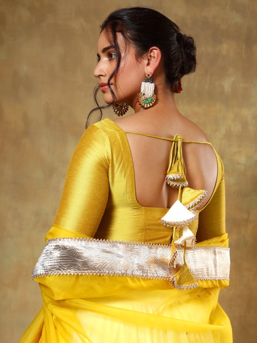 GUZARISH YELLOW OFF WHITE COTTON SILK LEHENGA WITH ORGANZA DUPATTA SET - Pomcha Jaipur