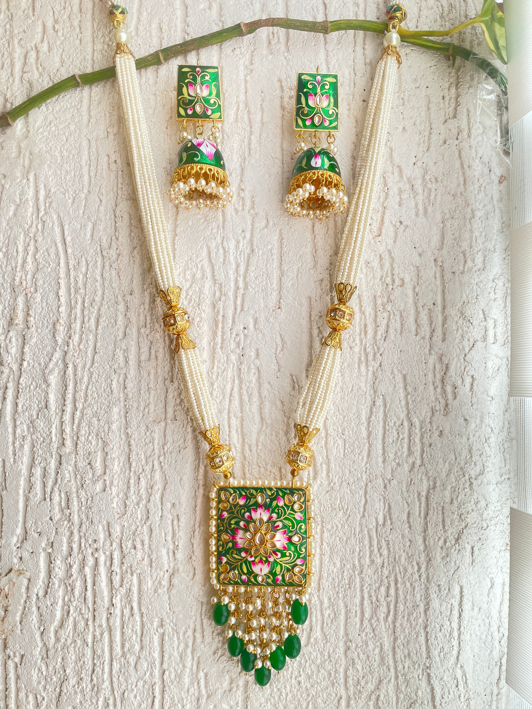 GREEN LOTUS HAND PAINTED  NECKLACE & EARRING SET