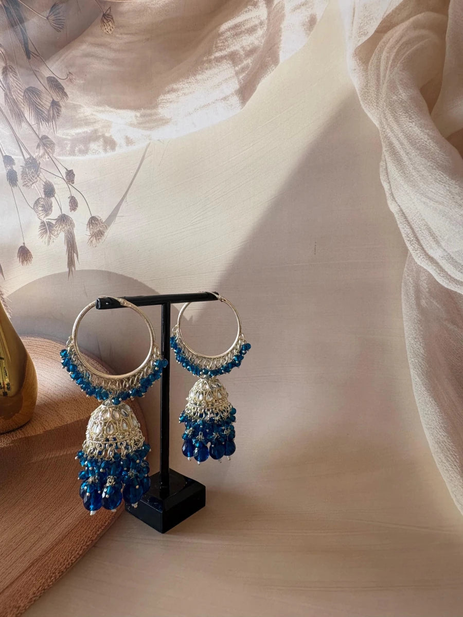 INK BLUE KUNDAN STUDDED JHUMKA SET - Pomcha Jaipur
