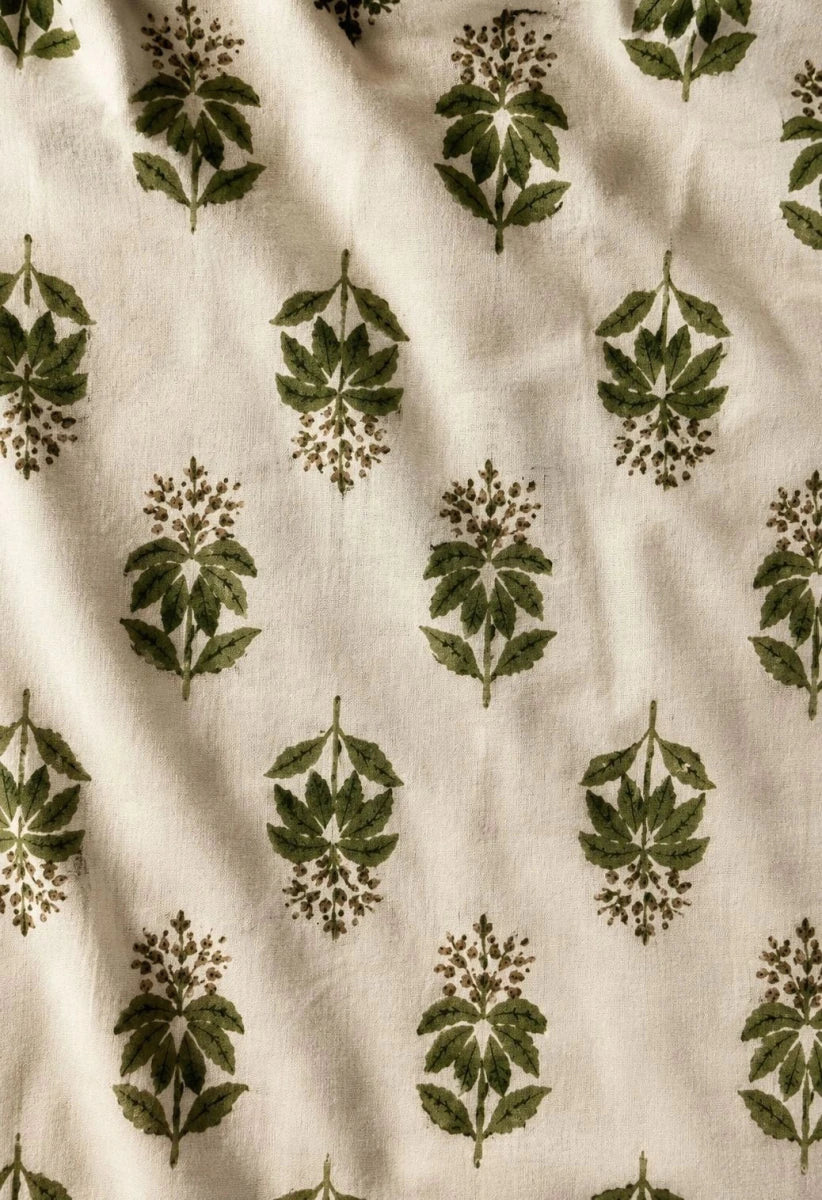 IVORY OLIVE BUTI HAND BLOCK PRINT COTTON FABRIC - Pomcha Jaipur