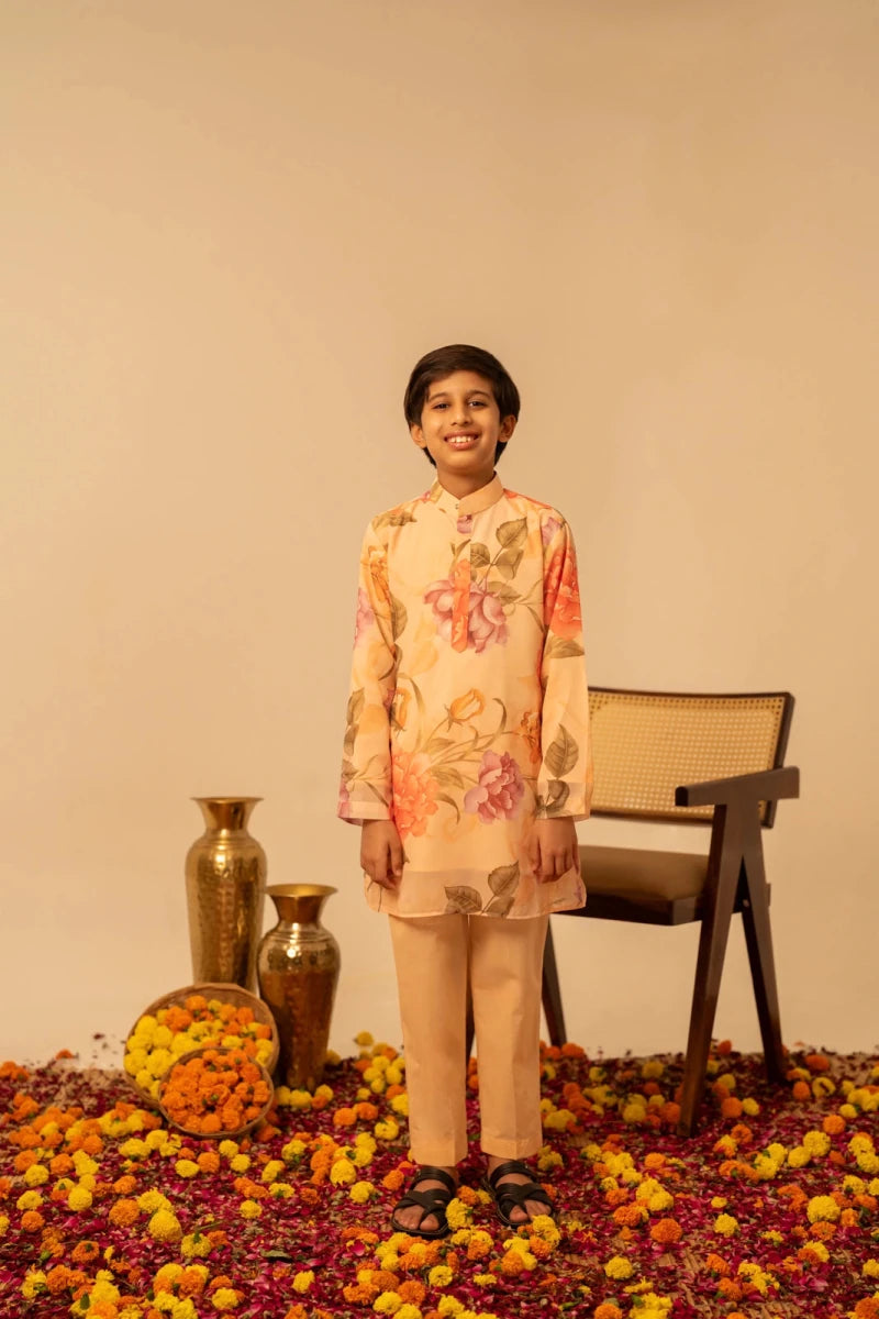 KHILKARI APRICOT PHOOL MUSLIN KURTA SET - Pomcha Jaipur