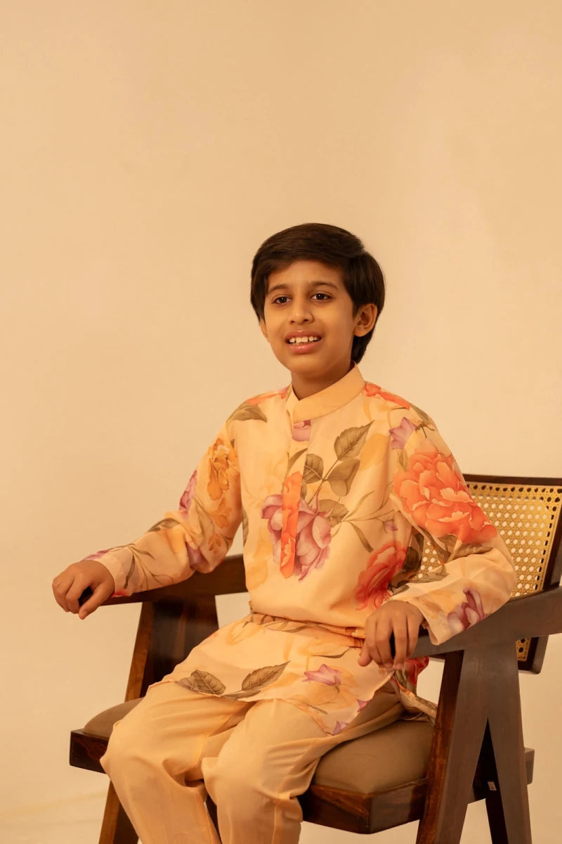 KHILKARI APRICOT PHOOL MUSLIN KURTA SET - Pomcha Jaipur