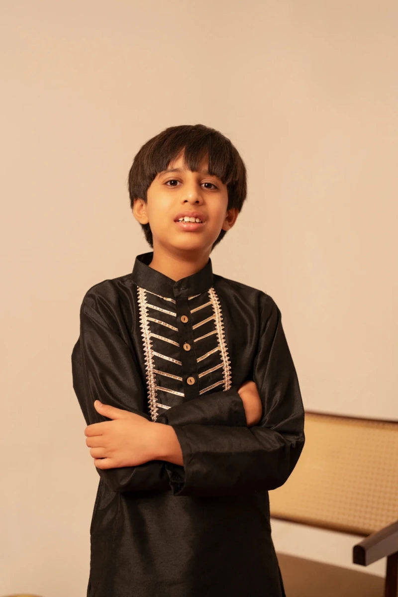 KHILKARI BLACK COTTON SILK KURTA SET - Pomcha Jaipur