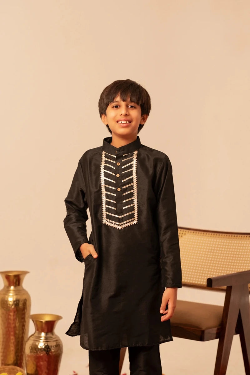 KHILKARI BLACK COTTON SILK KURTA SET - Pomcha Jaipur