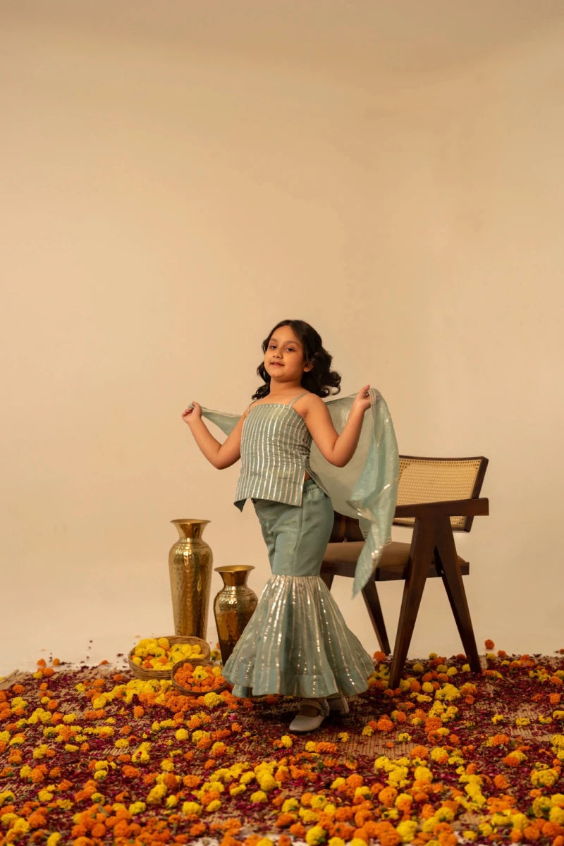 KHILKARI BLUE COSMO SHARARA SET - Pomcha Jaipur