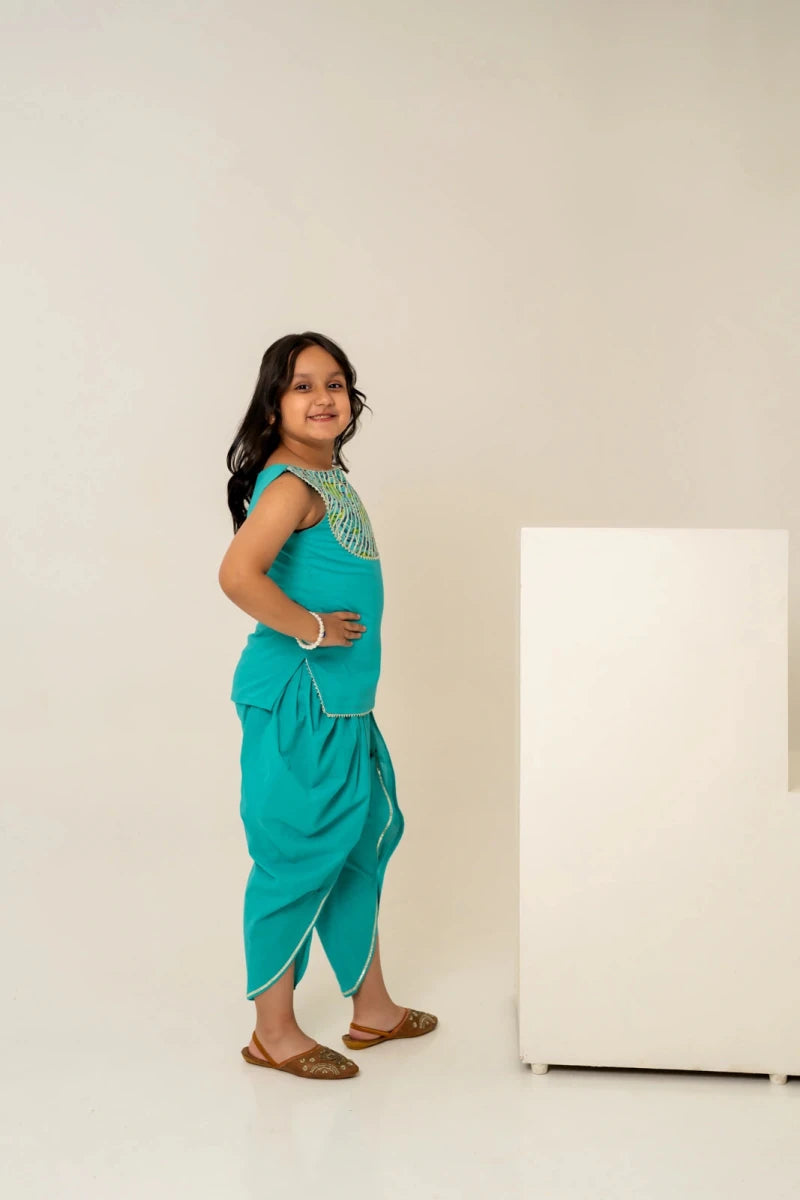 KHILKARI BREEZY TEAL COTTON KURTA SET - Pomcha Jaipur