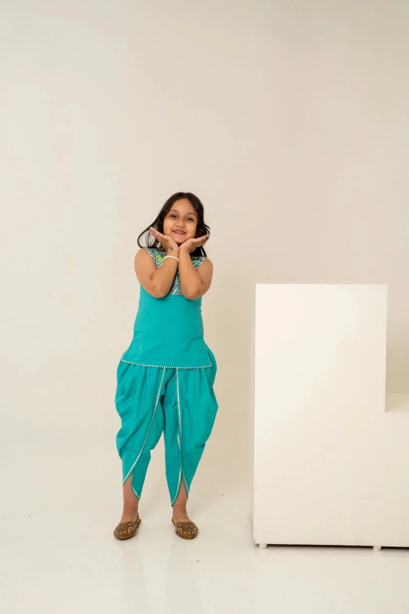 KHILKARI BREEZY TEAL COTTON KURTA SET - Pomcha Jaipur