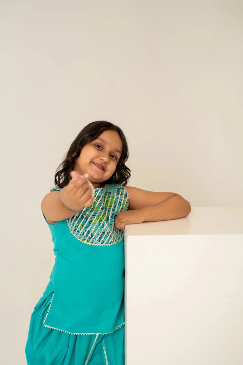 KHILKARI BREEZY TEAL COTTON KURTA SET - Pomcha Jaipur