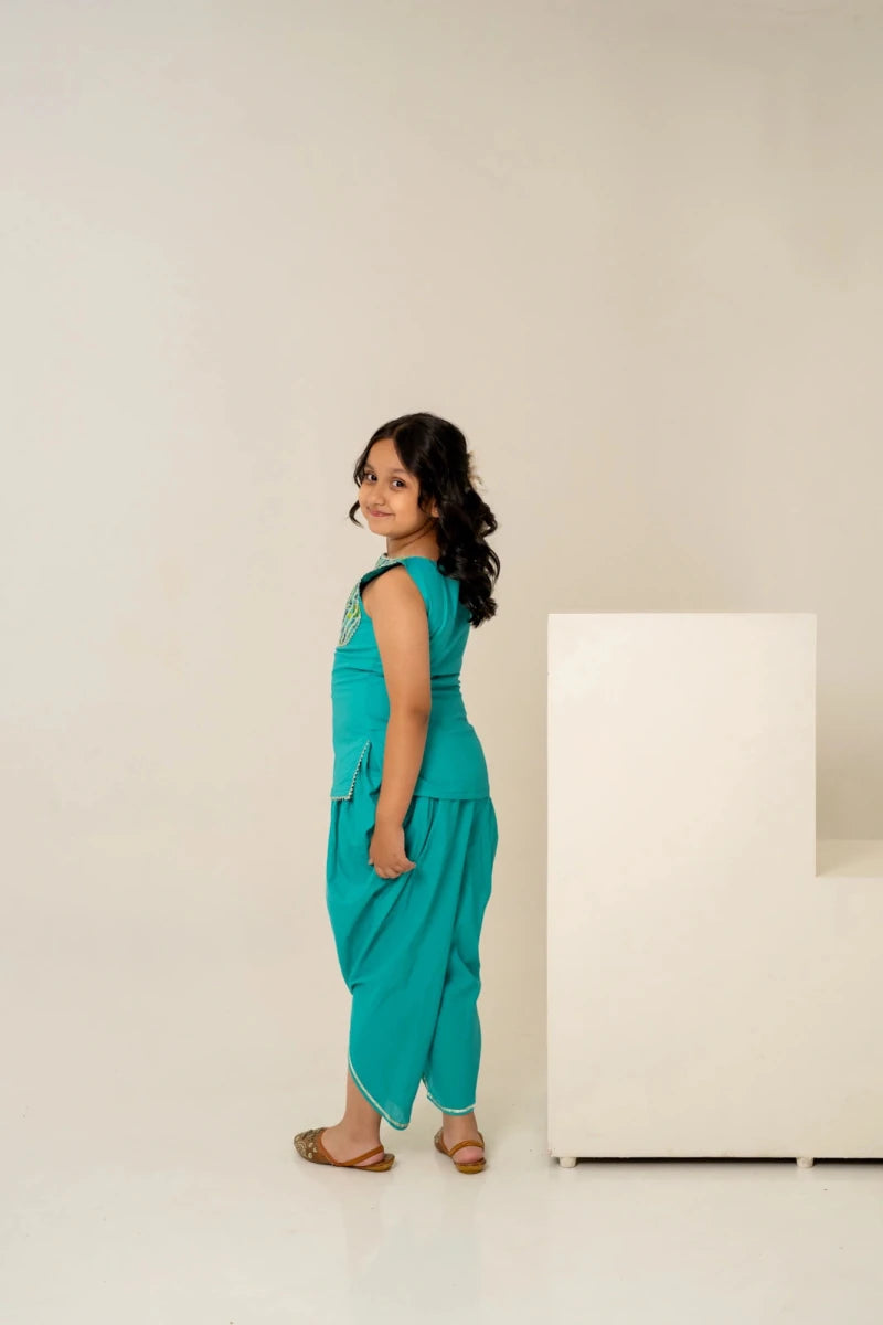 KHILKARI BREEZY TEAL COTTON KURTA SET - Pomcha Jaipur