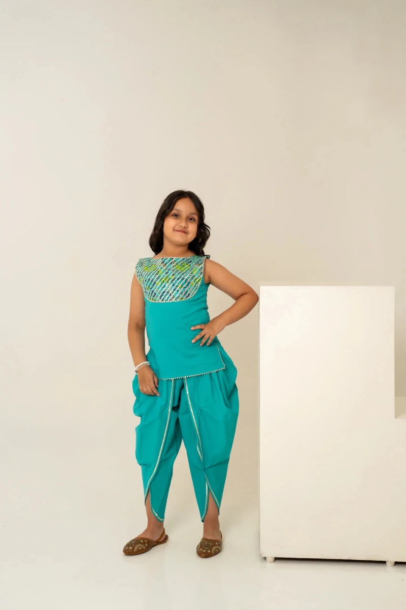 KHILKARI BREEZY TEAL COTTON KURTA SET - Pomcha Jaipur
