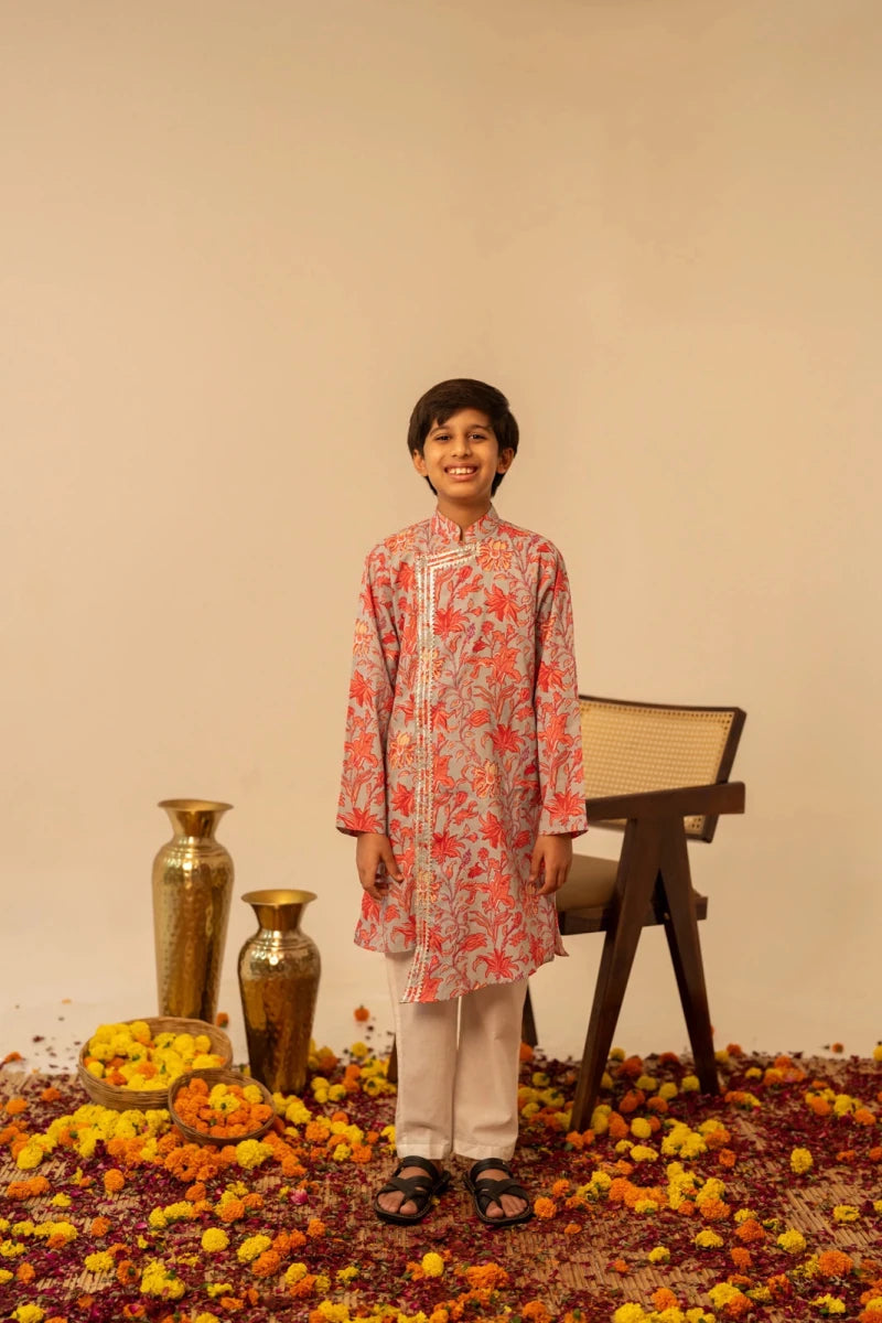KHILKARI FLOWY FLOWERY COTTON ANGRAKHA KURTA SET - Pomcha Jaipur