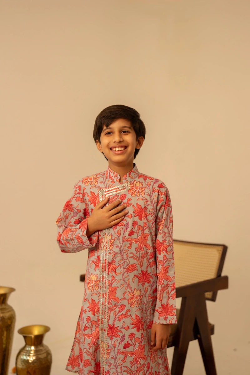 KHILKARI FLOWY FLOWERY COTTON ANGRAKHA KURTA SET - Pomcha Jaipur